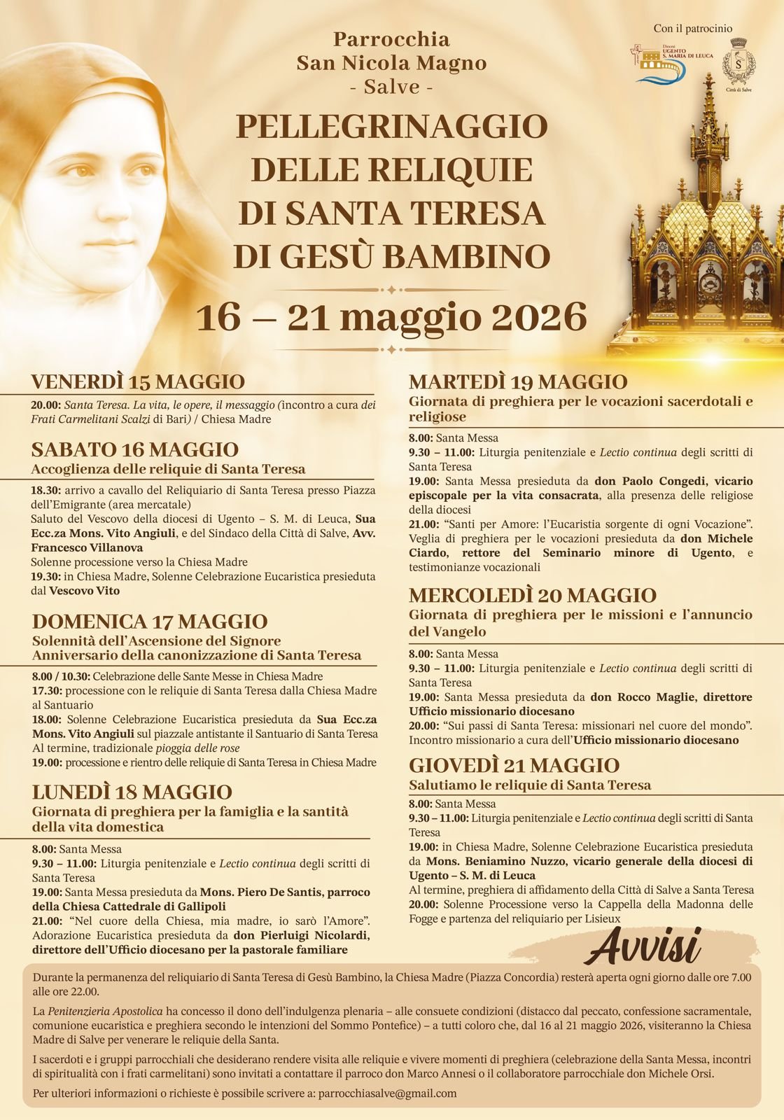 16-21/5 Pellegrinaggio delle reliquie di Santa Teresa di Gesù Bambino a Salve